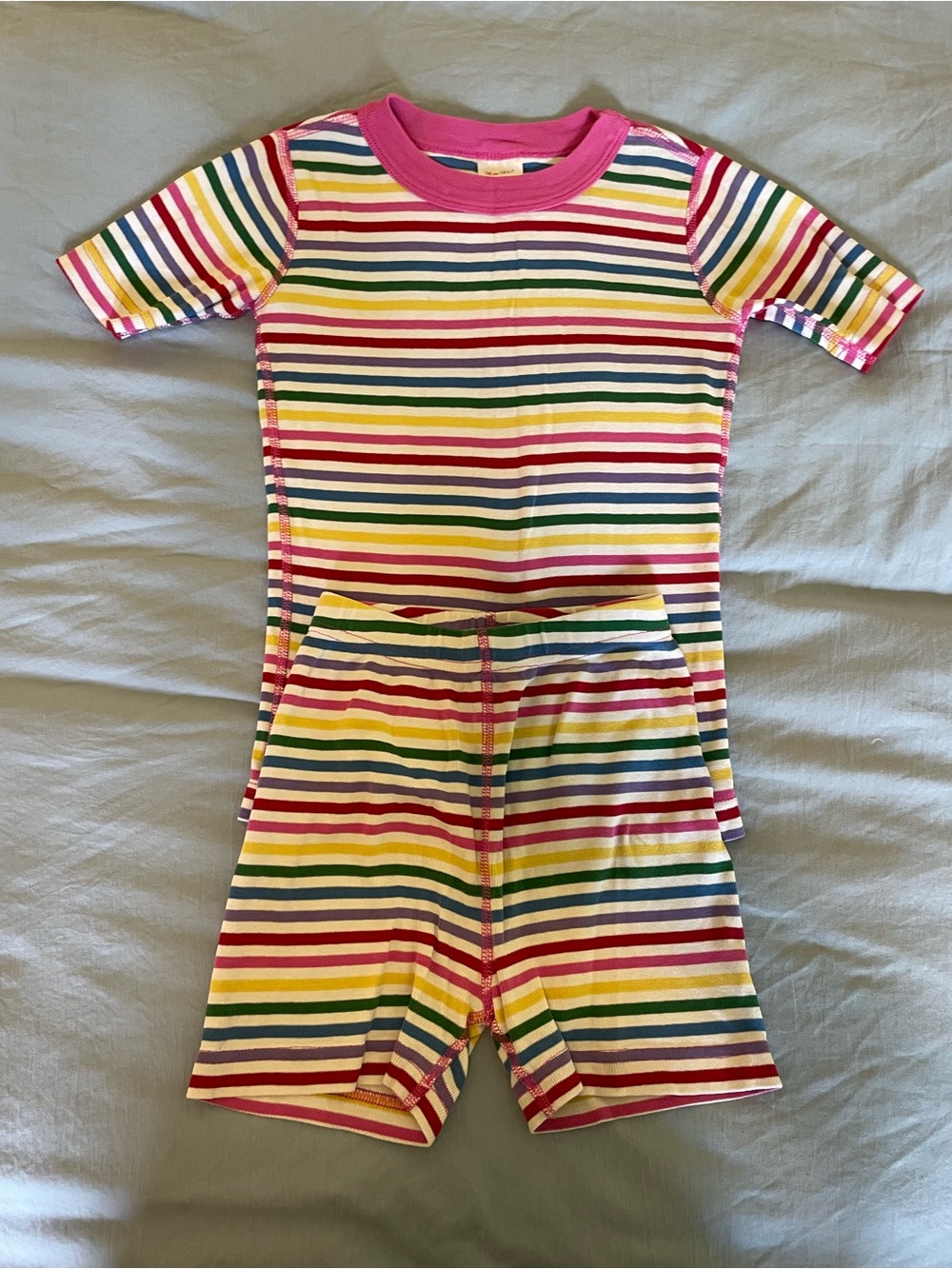 Girls Rainbow Stripe Short Sleeve Top & Shorts pajama Set - Pink Trim